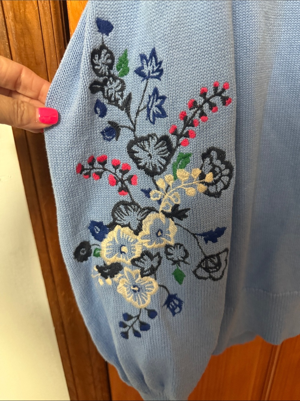 LOFT Powder Blue Embroidered Puff-Sleeve Sweater - Picture 5 of 5